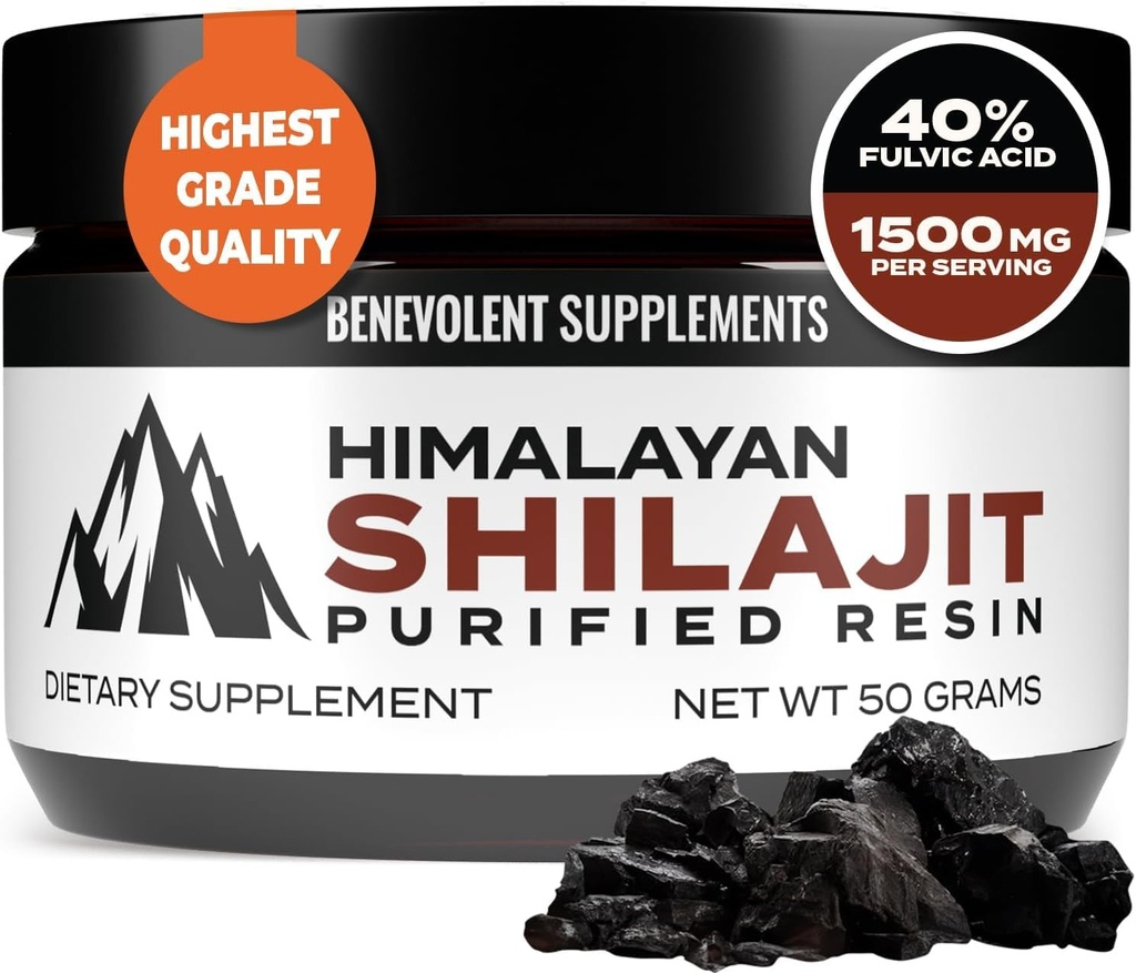Pure Himalayan Shilajit Resin 1500mg Evidence 124; 40% Acid Fulvic (Maximum Potency) Evidence 124; Natural Shilajit for Men & Women with 85 + Trace Minerals Supplement for Energy & Performance Evidence 124; Non GMO Evidence 124; 50 Grams