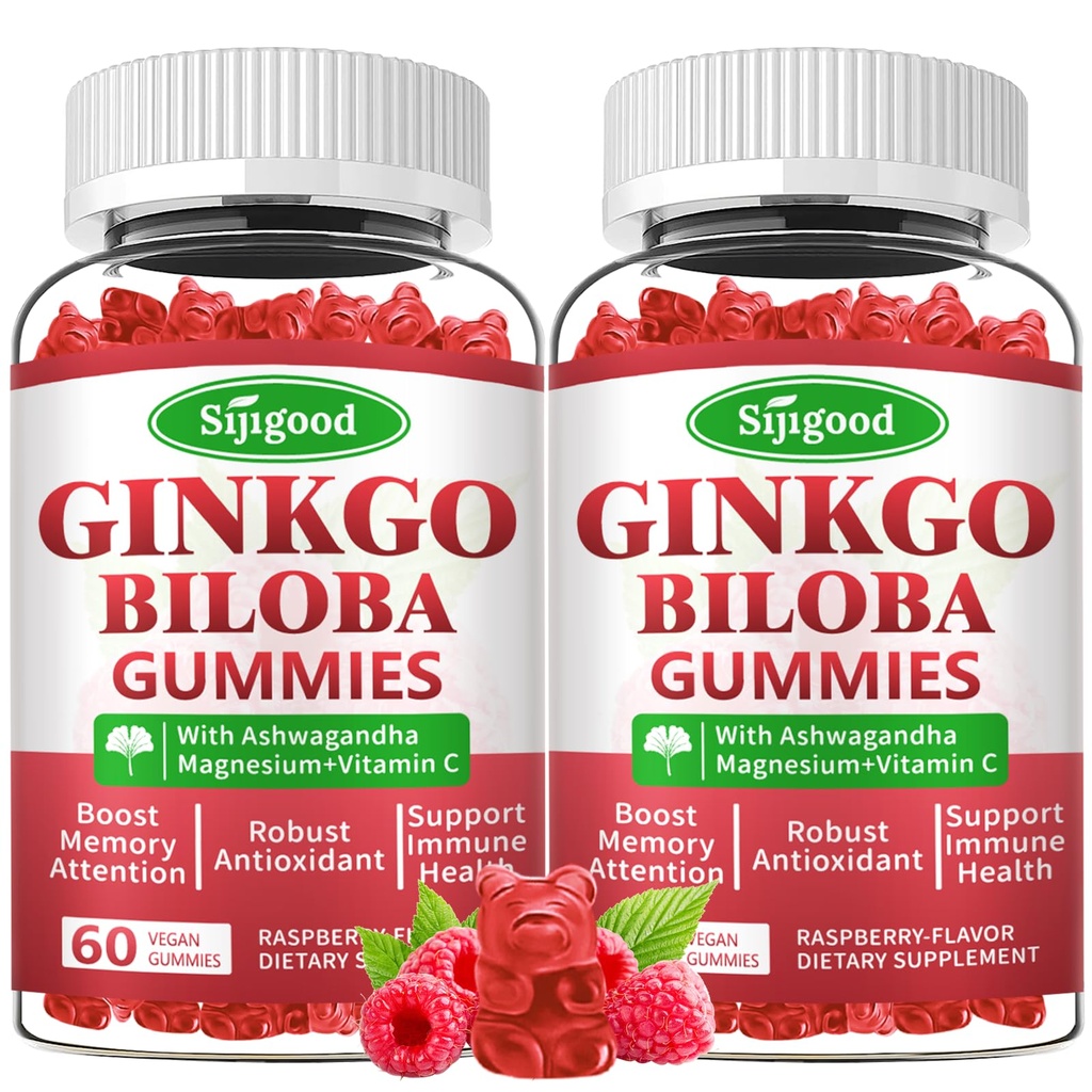 2 Pack Ginkgo Biloba Gummies z Panax Ginseng i Magnezu, Ginkgo Biloba Suplementy dla Focus, Pamięć i Zdrowie Mózgu dla dorosłych i dzieci, Wegan Malina Flavor Gummies, 120 Hrabia