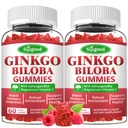 2 Pack Ginkgo Biloba Gummies z Panax Ginseng i Magnezu, Ginkgo Biloba Suplementy dla Focus, Pamięć i Zdrowie Mózgu dla dorosłych i dzieci, Wegan Malina Flavor Gummies, 120 Hrabia