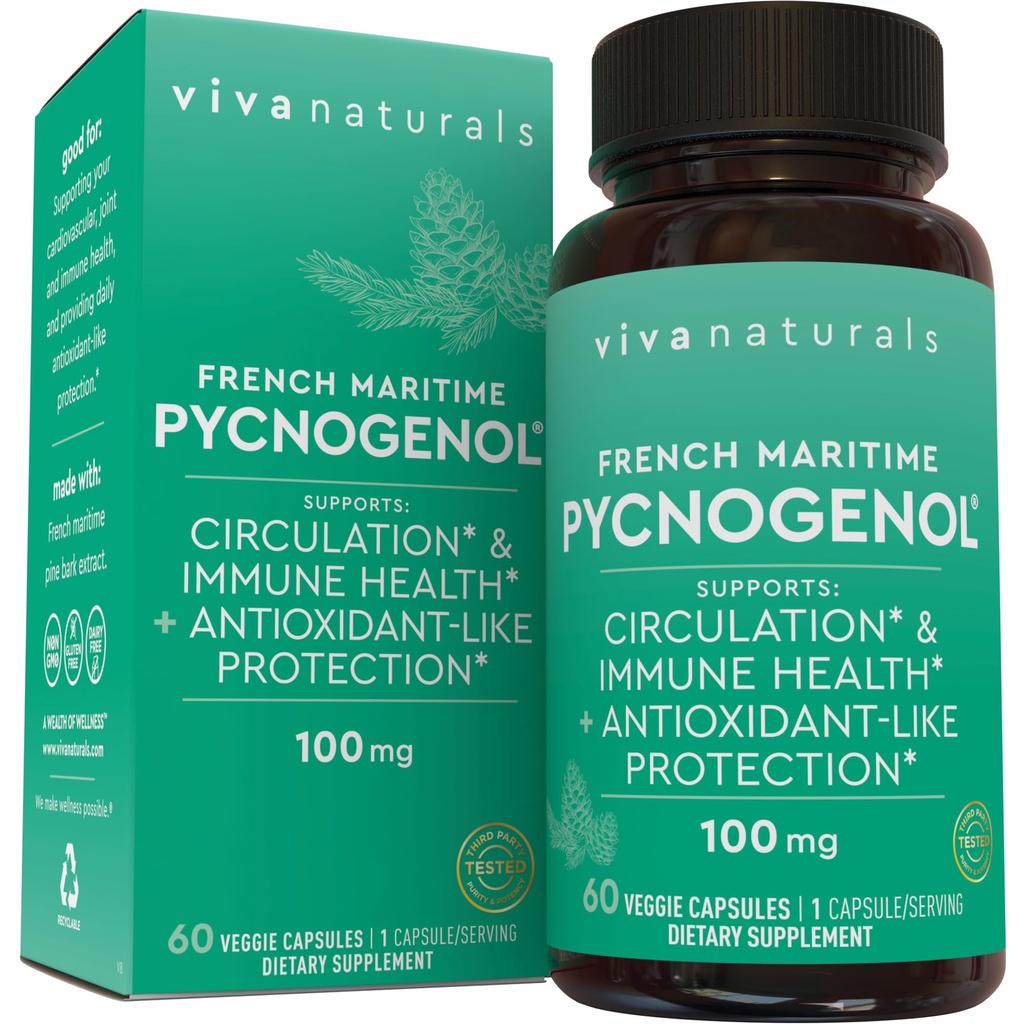 Viva Naturals Pycnogenol - 100mg French Maritime Pine Bark Extract - Wspiera krążenie, aktywność przeciwutleniająca, łączenia i immunologiczne Zdrowie i Funkcje - 60 Kapsułki wegetariańskie