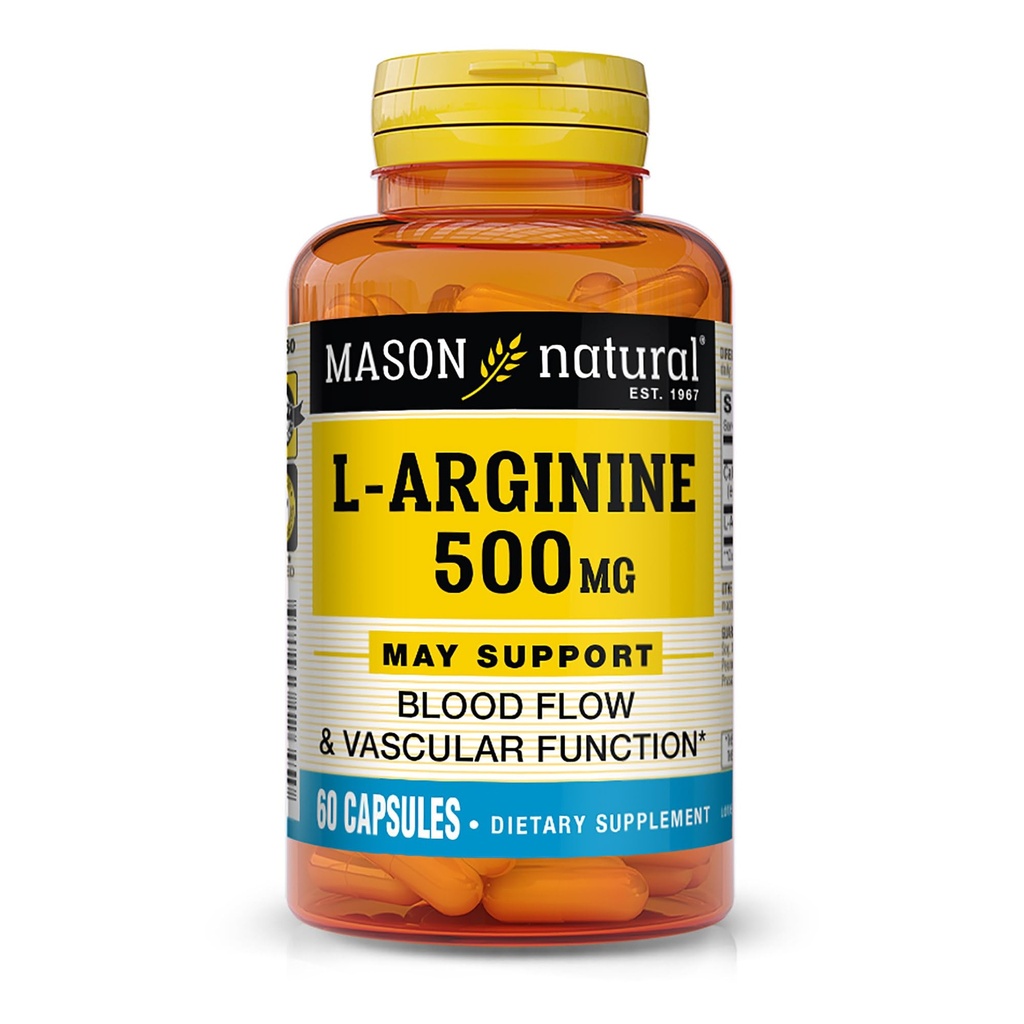 MASON NATURAL L- Arginina 500 mg z Calcium Supports Zdrowe krążenie i funkcje naczyniowe, Suplement tlenku azotu, 60 Kapsułki