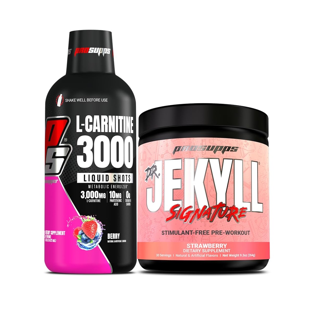 PROSUPPS L- Carnitine 3000 Stymulant Free Liquid Shots (Berry) Dr. Jekyll Signature Intensywna koncentracja, Energia i pompy Wstępny trening Proszek (Truskawka) Bundle