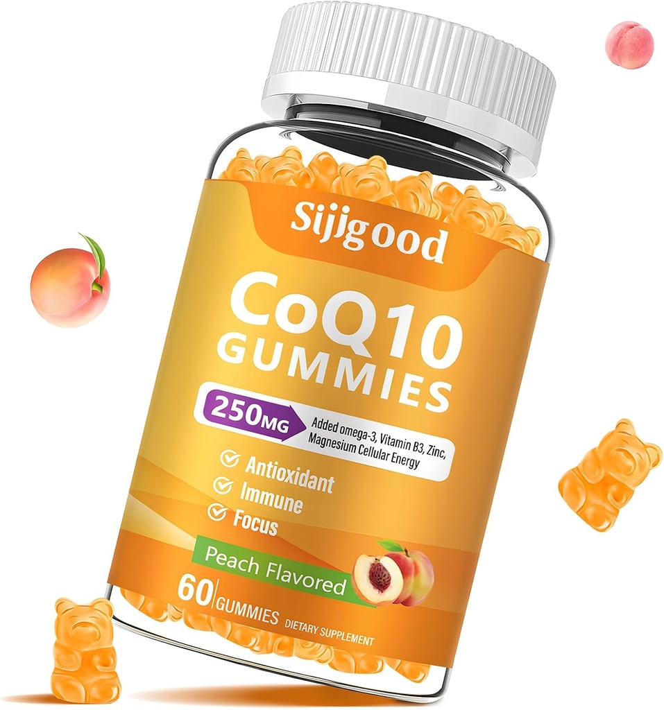 Bezcukrowe gumki CoQ10, Plus Omega-3, Witamina B3 i cynk, Magnez, 5X Wysoka Absorpcja Koenzym Q10 Suplementy, q10 Wzmocniona Energia komórkowa, Potężny przeciwutleniacz & Mózg, Peach Flavor, 60 Cts