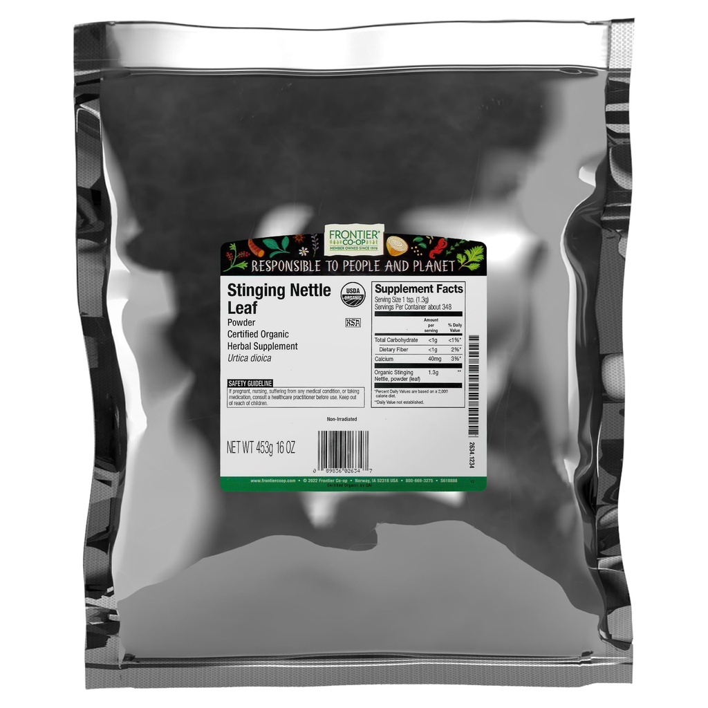 Frontier Co- op Organic Ground Stinging Nettle Leaf, Suszony Nettle Leaf Powder, Kosher Perfect 124; 16 unce (Opakowanie po 1)