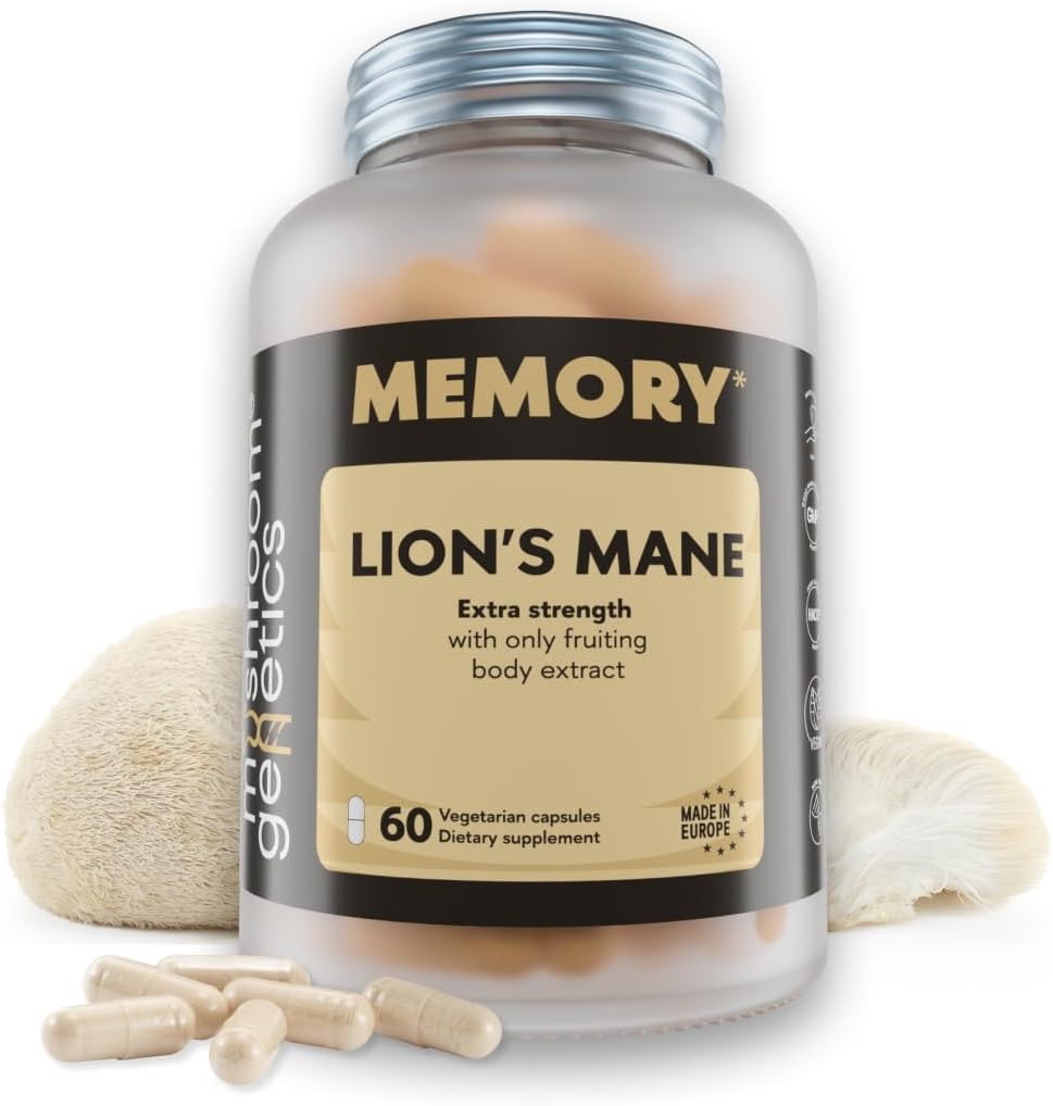 Lions Mane Supplement Kapsułki - Nootropowy Mushroom Supplement dla mózgu, pamięci i wsparcia immunologicznego 124; Fruiting Body Extract for Focus, Energia & Cognitive Wellness 124; 60 Kapsułki wegańskie