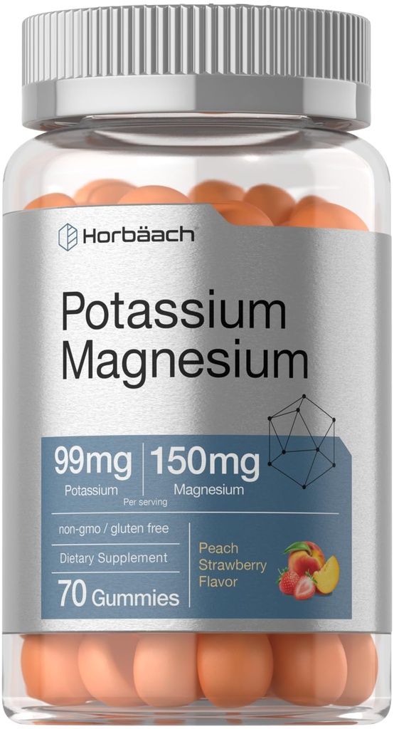 Horbäach Potasu Magnezu Suplement Gumiaki Gummies 124; Peach Strawberry Flavor 124; 70 Hrabia 124; Wegan, Non-GMO, i Gluten Free Formula