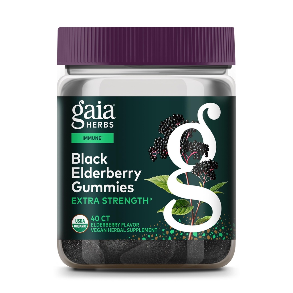 Gaia Herbs Black Elderberry (Sambucus Nigra) Dodatkowa siła Gummies - Pyszny suplement wsparcia immunologicznego - Made with Certified Organic Black Elderberry for Immune System Support - 40 Gummies