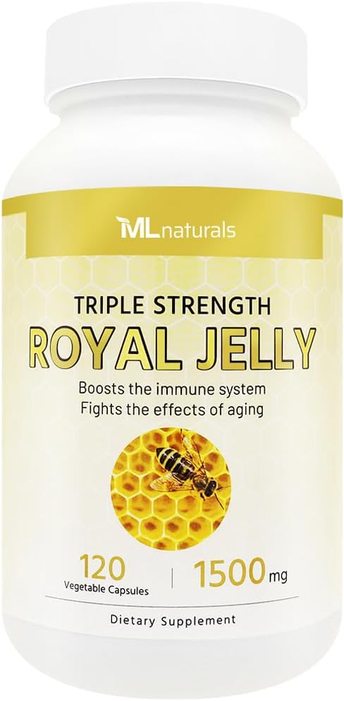 ML Naturals Royal Jelly 1500mg 120 Kapsułki roślinne, równoważne 6% (27mg) 10- HDA. Freeze- Suszony, Gluten Free, NSF- Certified & cGMP- Compliant