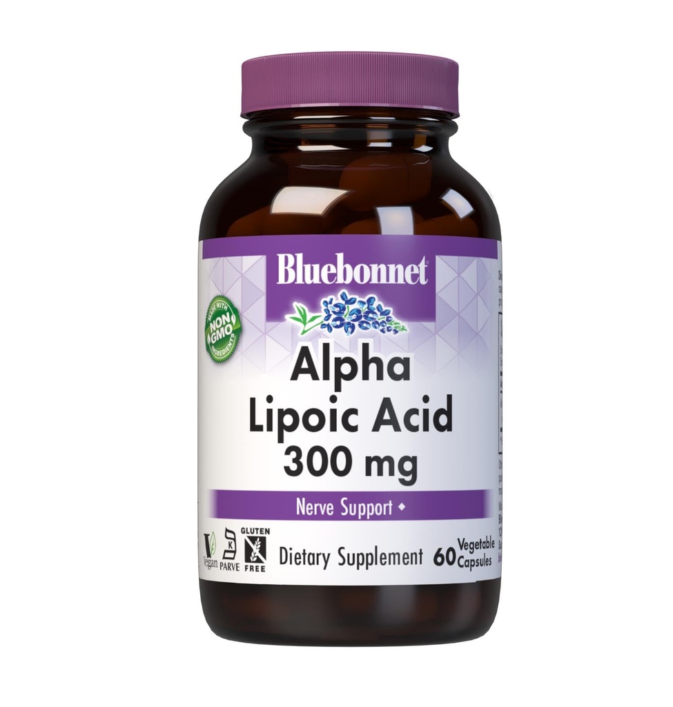 BlueBonnet Alpha Lipoic Acid 300mg - Potężny suplement wsparcia przeciwutleniaczy dla kobiet i mężczyzn - Non- GMO, Wegan, Kosher - Gluten- Free, Soy- Free, Dairy- Free - 60 Kapsułki warzyw