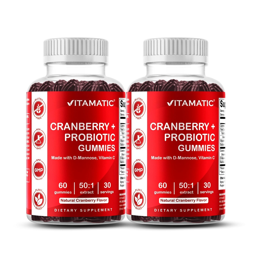 Vitamatic 2 Pack Wegańskie żeberka żurawinowe z d- mannozą, probiotykiem i witaminą C dla kobiet Trakt moczowy Zdrowie - 25000mg ekwiwalent na Podawanie (z 50: 1 Wyciąg 500 mg) - 60