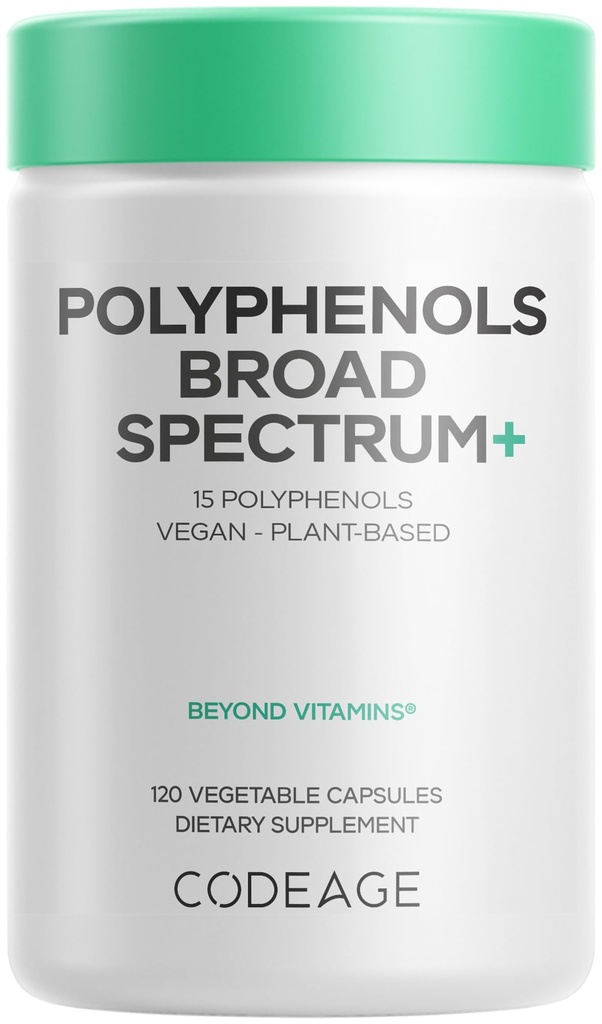 Codeage Polyphenols Broad Spectrum Supplement - Mieszanka 15 Jagody, Owoce i ekstrakty botaniczne, Decaf Green Tea Leaf, Quercetin, Resveratrol, Pomegranat, Turmeric - Non-GMO - 120 Kapsułki