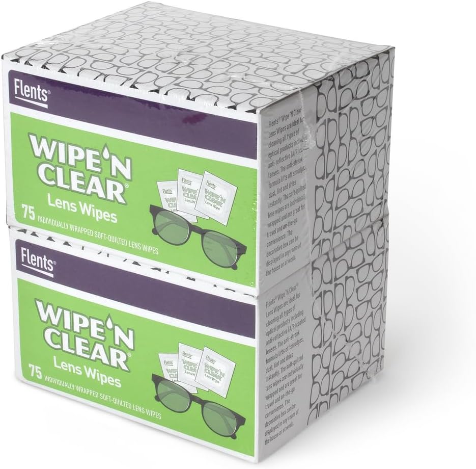 Flents Lens Wipes, Wipe 'N Clear, 150 Count, Nawilżone, Streak- Free, Safe for Glasses, okulary przeciwsłoneczne, Delikatne czyszczenie, Clear Vision, Indywidualnie zapakowane dla podróży i wygody, Made in USA