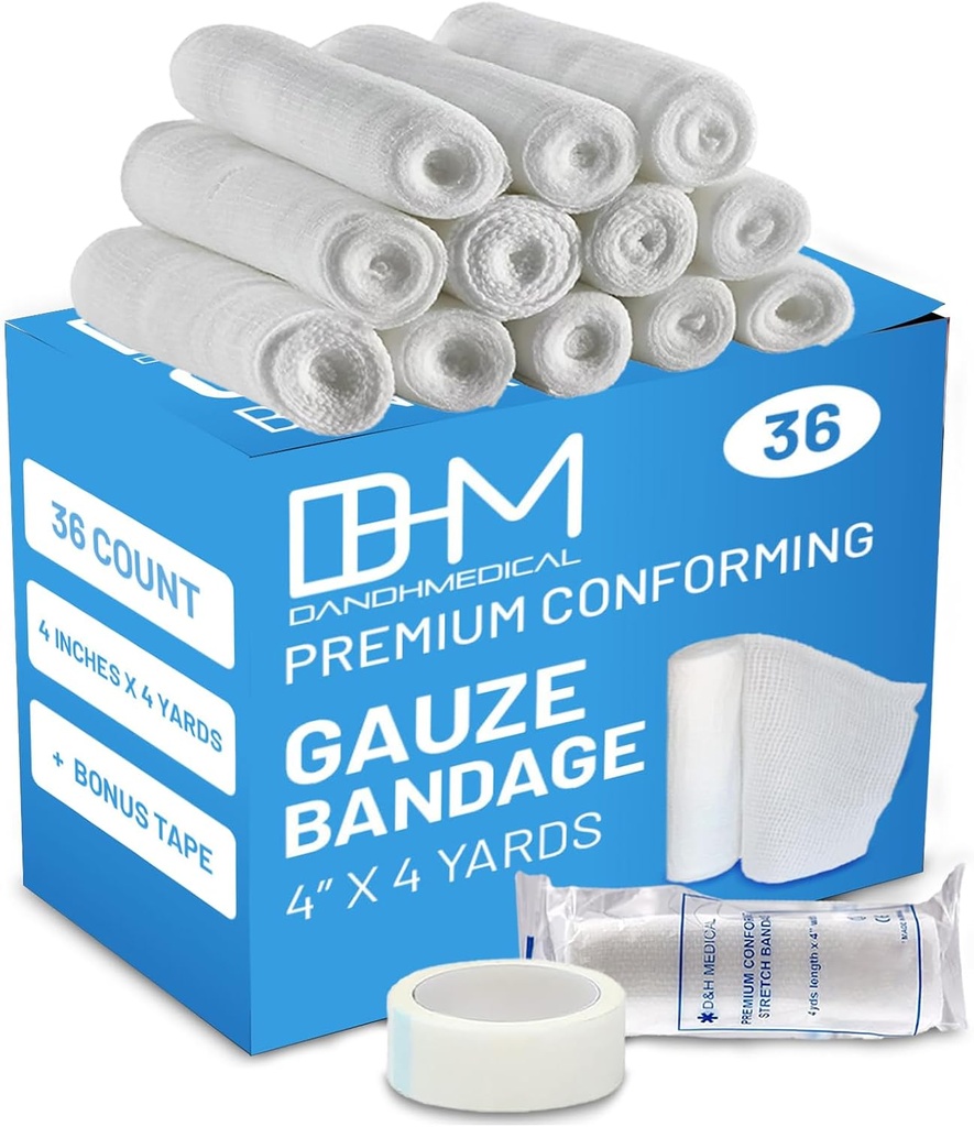 D & H Pakiet medyczny 36 Bandaży gazy Roll 4 Inches x 4.1 Fartuchy z taśmą - Pas medyczny do pielęgnacji ran - Łatwe w użyciu rolki bawełniane do opatrunków opatrunkowych i kolanek