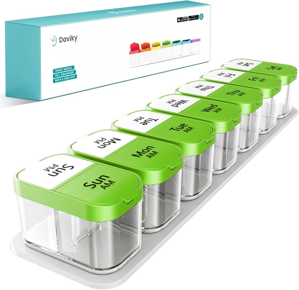 Daviky Duży Weekly Pill Organizator 2 razy dziennie, Extra duży Pill Box 7 dzień, Am Pm dwa razy dziennie Pill Case, Pojemnik na tabletki do witaminy, Medycyna, Suplement, Olej rybny, BPA wolny, Zielony