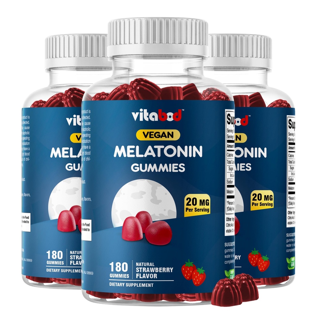 Melatonina 20mg Gumiaki - 180 Hrabia - Beznarkotykowy - Naturalny aromat truskawkowy - Wegetarianin, Non-GMO, Gluten Free (3 butelki)