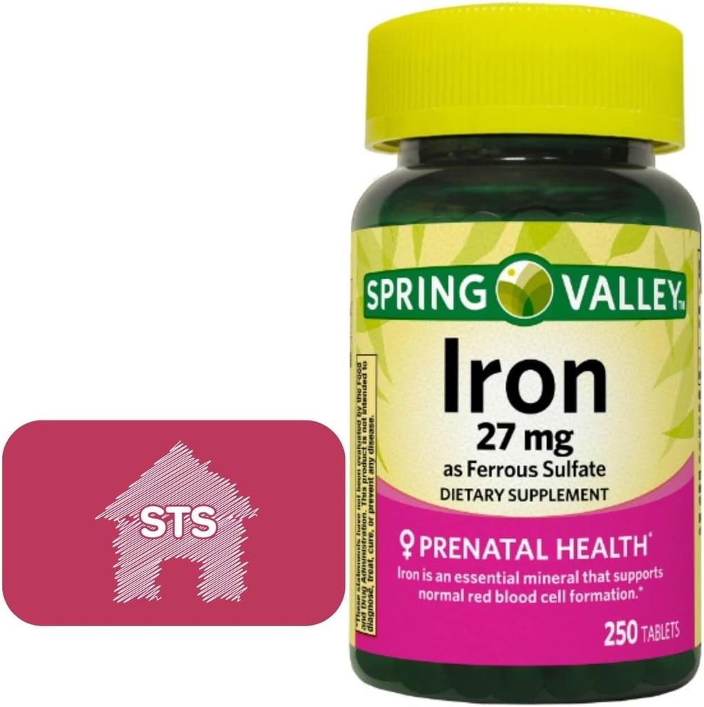 Spring Valley Żelazo jako siarczan żelaza 27 mg, 250 Hrabia + STS Naklejka domu.