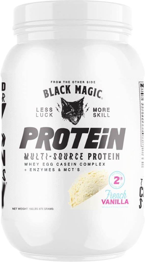 Czarne magiczne białko wieloźródłowe - Serwatka, Kazeina, Enzymy, & MCTs - Warsztaty przedpost - Keto, Low Sugar, Gluten Free - Francuski Vanilla - 24g Protein - 2 LB