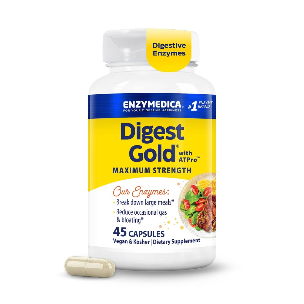 Enzymedica Digest Gold + ATPro, Maximum Strength Digestive Enzymes, Pomaga Digest Big Meals for Instant Bloating Relief, 45 Count