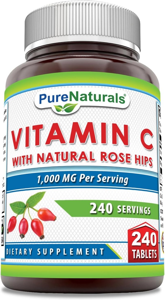 Pure Naturals Witamina C z Rose HIPS 1000 mg Na Służenie 124; 240 Tablets Supplement Agregat 124; Non-GMO Agregat 124; Gluten Free Agregat 124; Made in USA
