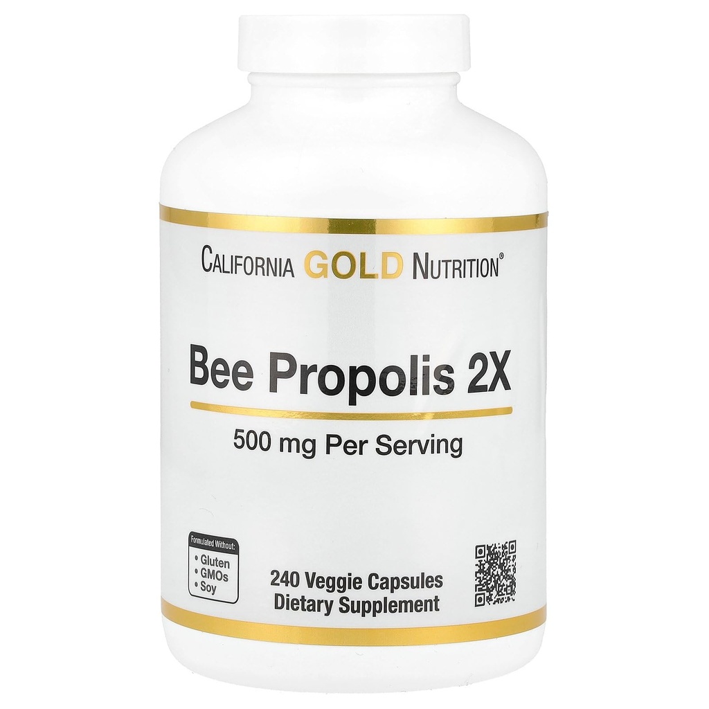 California Gold Nutrition Bee Propolis 2X Pottency, Concentrated Extract 500 mg, ekwiwalent 1000 mg Natural Propolis, Wsparcie immunologicznego zdrowia i witalności *, 240 Veggie kapsułki