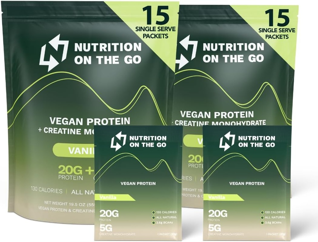 Nutrition On The Go Vegan Protein Powder Pakiety z Creatine - 20g Proteins Plant + 5g Creatine - Single- Serve Travel Protein Powder - All- Natural, Gluten- Free - Vanilla - (30- Pack)