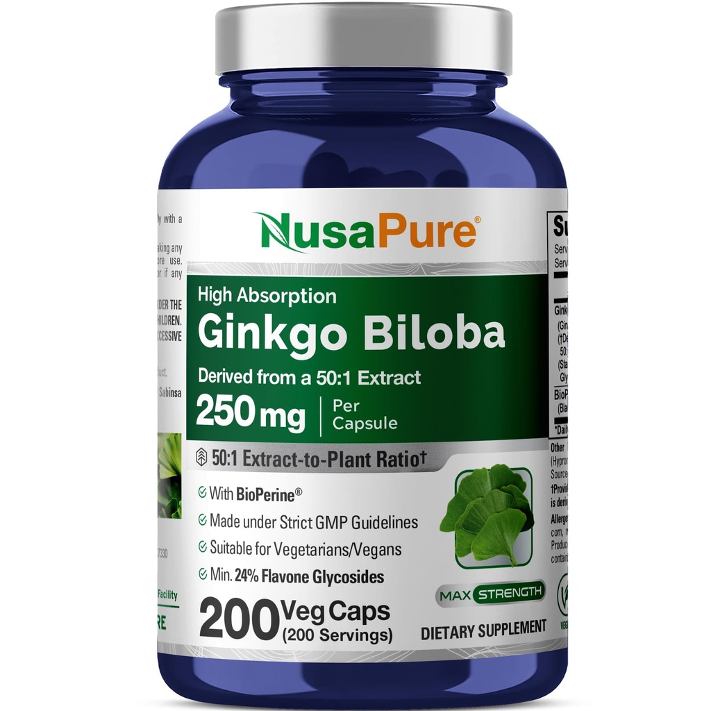 NusaPure Ginkgo Biloba 50: 1 Extract, 250 mg Equivalent to 12,500 mg per Veggie Caps 200 Capsules (Vegetarian, Non-GMO, Vegan) Bioperine
