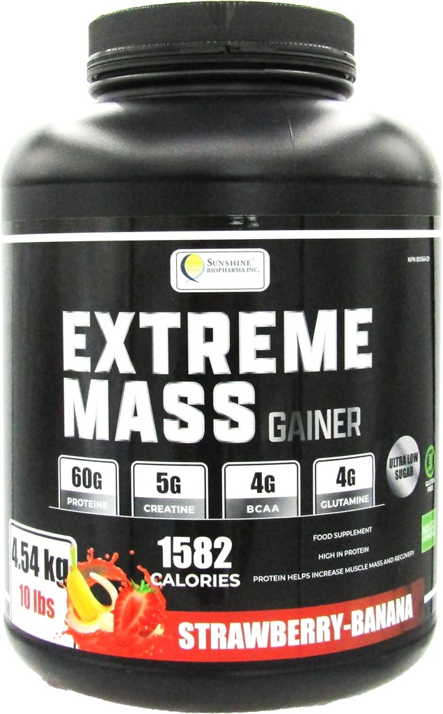 Ekstremalna masa Gainer Muscle Builder, 10 lb (4,54 kg) z mniej cukru do intensywnego treningu treningu wykonane z wysokiej Calorie Fortified białka serwatki (Strawberry- Banana)