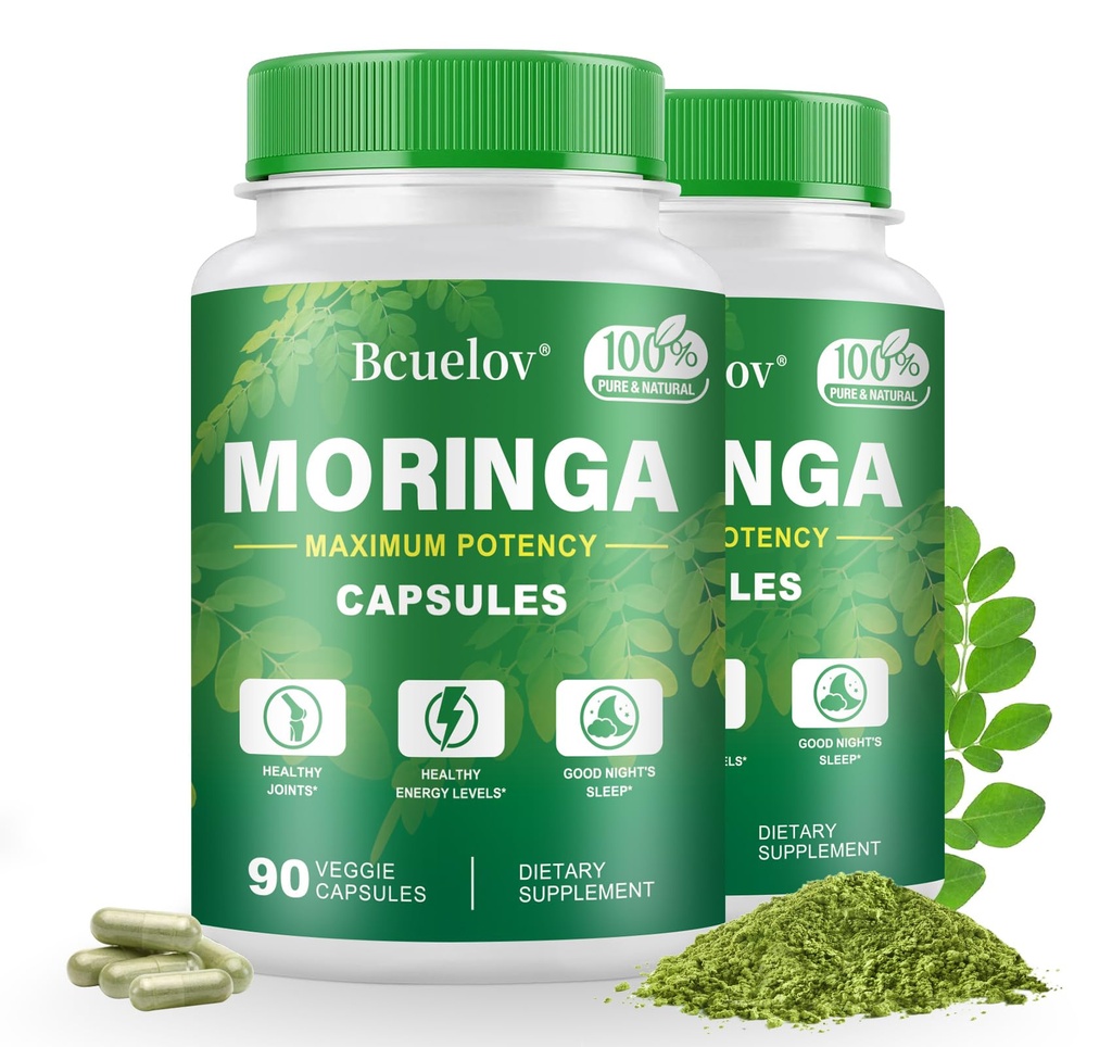 Kapsułki Moringa 2 Butelki do wstrzykiwań 124; 800mg Kapsułki proszkowe Pure Moringa - Podtrzymuje energię, wsparcie immunologiczne, Gut Health, Zielona Superfood zawiera witaminy i aminokwasy
