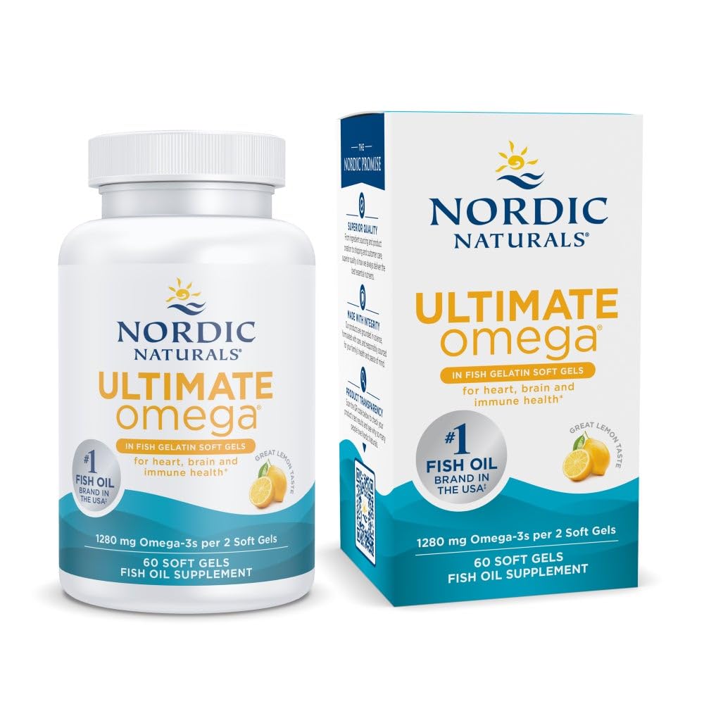 Nordic Naturals Ultimate Omega in Fish Gelatin, Lemon Flavor - 60 Soft Gels - 1280 mg Omega-3 - High- Pottency Fish Oil Supplement - EPA & DHA - Promotes Brain & Heart Health - Non-GMO - 30 Servings