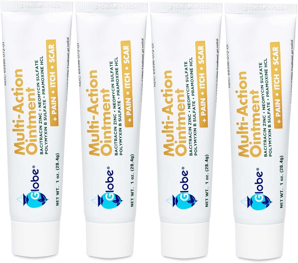 Globe (4 Pack) Pierwsza pomoc Antybiotyczna Blizna Minimizująca Pain- Relief, AntyItch Ointment z Neomycyną, Bacitracin Cynk, Pramoksyna HCl & Polymyxin B, dla Małych Cięć, Scrapes & Burns