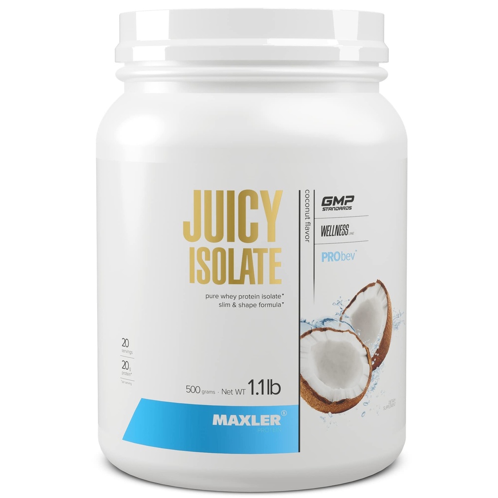 Maxler Juicy Isolate Protein Powder - Czysty Izolat Serwatki - Niska Laktoza, Beztłuszczowy, Bezcukrowy Napoje Odtwarzające Mięśnie na Przed & Post Warsztaty - 90% Białka na Serving - Kokosowy 1.1 lb (20 Słupki)