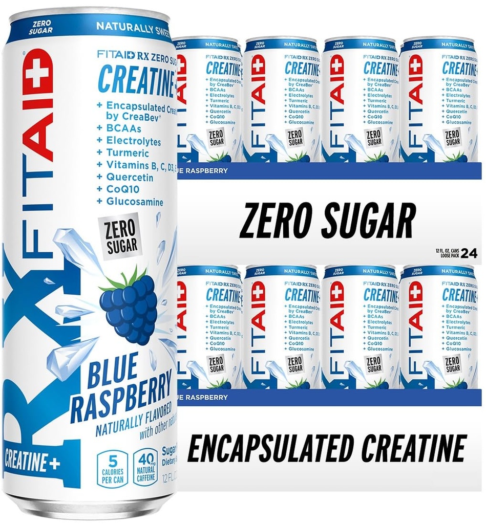 FITAID RX Zero Cukier, Kreatyna encapsulated, Drink recovery, All- In- One Blend, BCAA, Glukozamina, Turmeric, B- Complex, Electrolytes, Blue Malina, 12 Fl Oz (Opakowanie po 24)