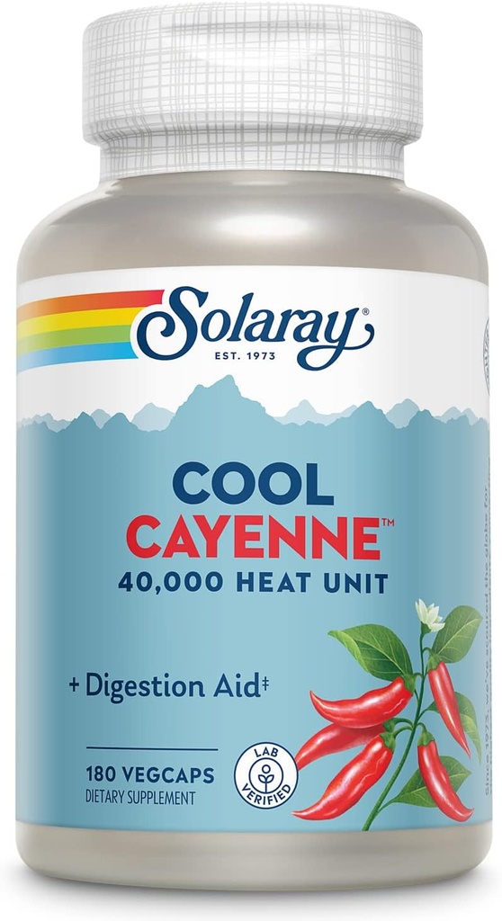 SOLARAY Cool Cayenne Pepper 40,000 HU, Cayenne Pepper kapsułki, Pomoc trawienna, Bio- Cool Process, Laboratorium zweryfikowane, 60- Day Money- Back Guarantee, 90 Służenia, 180 VegCaps