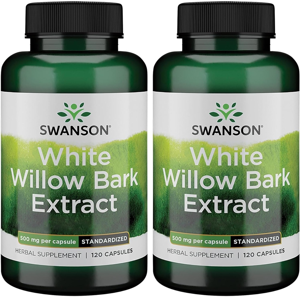 Swanson White Willow Bark Extract - Promotes Joint Support and Muscle Relief - Standard to 15% Salicin - Natural Supplement with No Stomach Irritation - (120 kapsułki, 500 mg każdy) (2 opakowania)