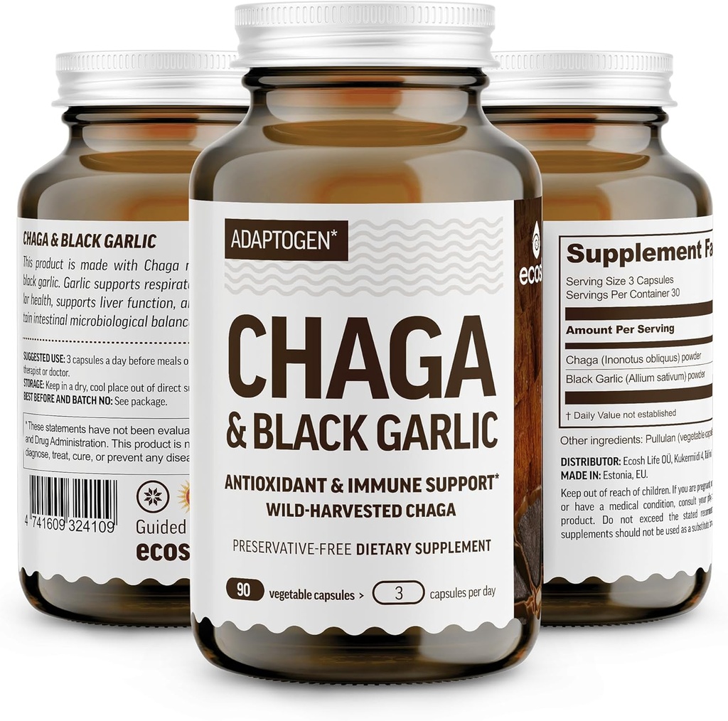 100% Real Wild Chaga Mushroom & Aged Black Garlic Powder Kapsułki - Przeciwutleniacz & Suplement immunologiczny