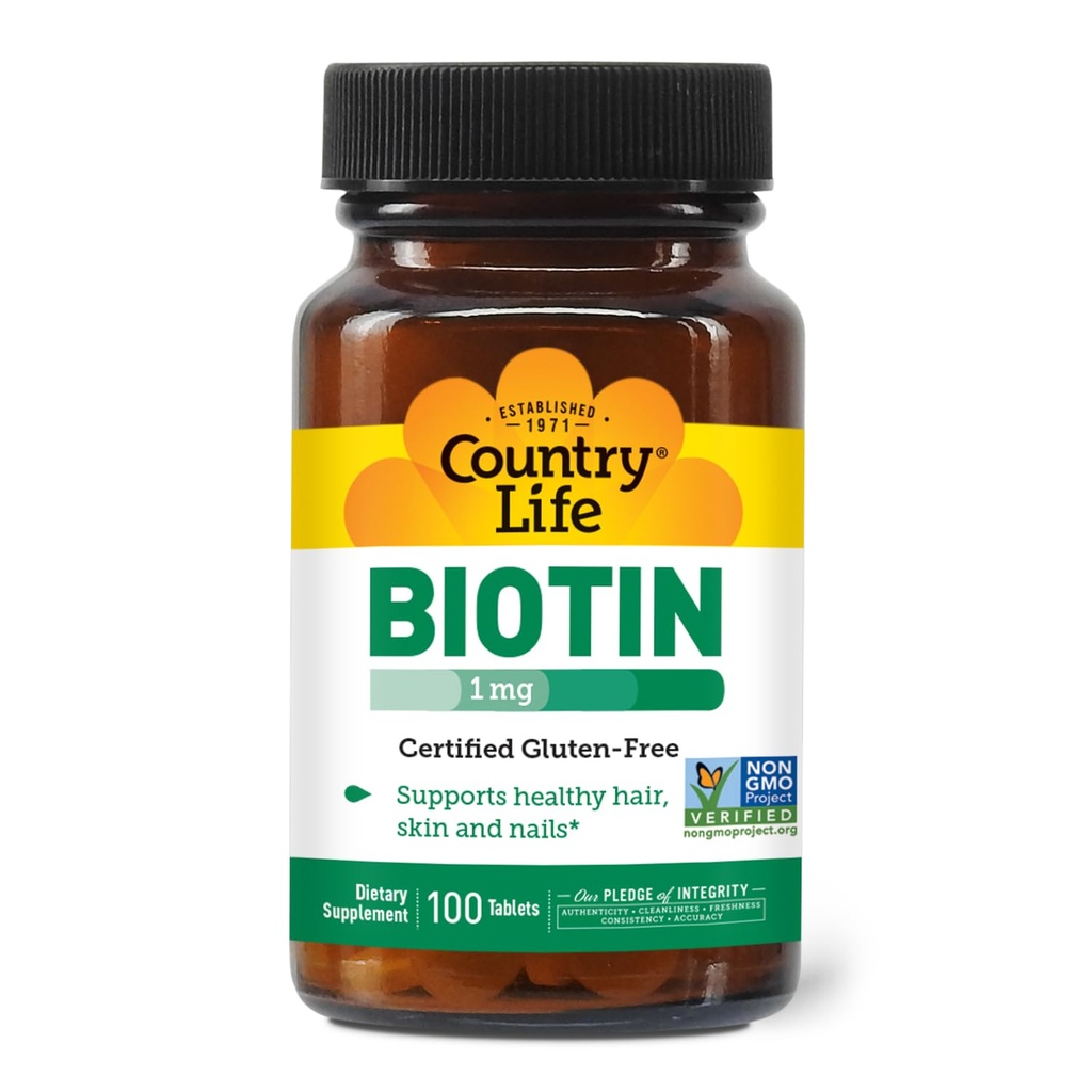 Country Life Biotin 1mg Wspomaga zdrowe włosy, skóry i paznokci, 100 tabletek, Certified gluten Free, Certified Wegan, Certified Halal, Nie- GMO Zweryfikowane
