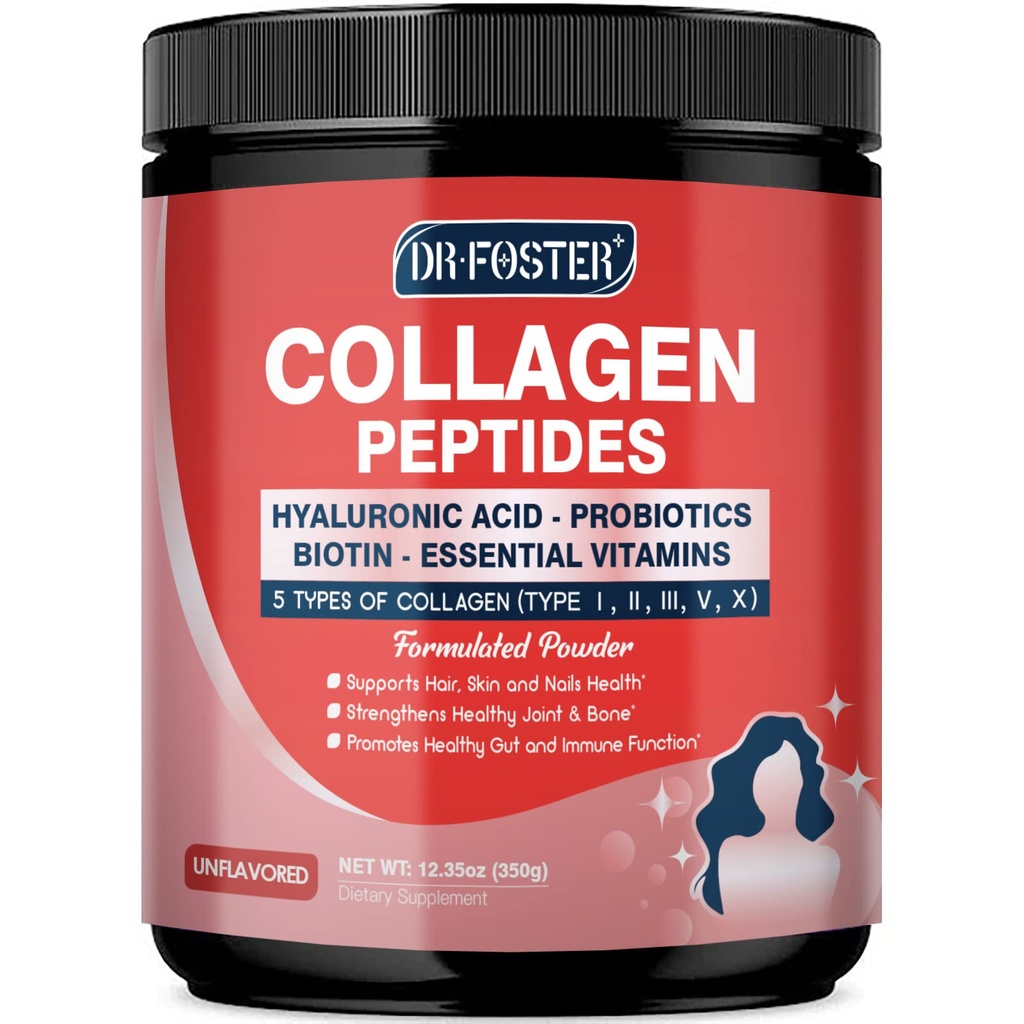 Multi Collagen Peptides Powder with Probiotics - Type I II III V X - Hydrolyzed Collagen Peptides with Multivitamins, Hyaluronic Acid & Biotin - Support Skin Hair Nail Joints & Gut, 35 Servings