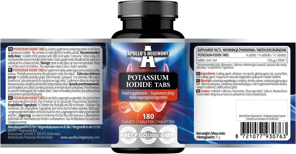 Jodek potasu 150 µg na porcję - 180 Wegańskich tabletek - 720 Sług - dla optymalnej funkcji gleby i metabolizmu energii - Suplement diety przez Hegemonię Apollo