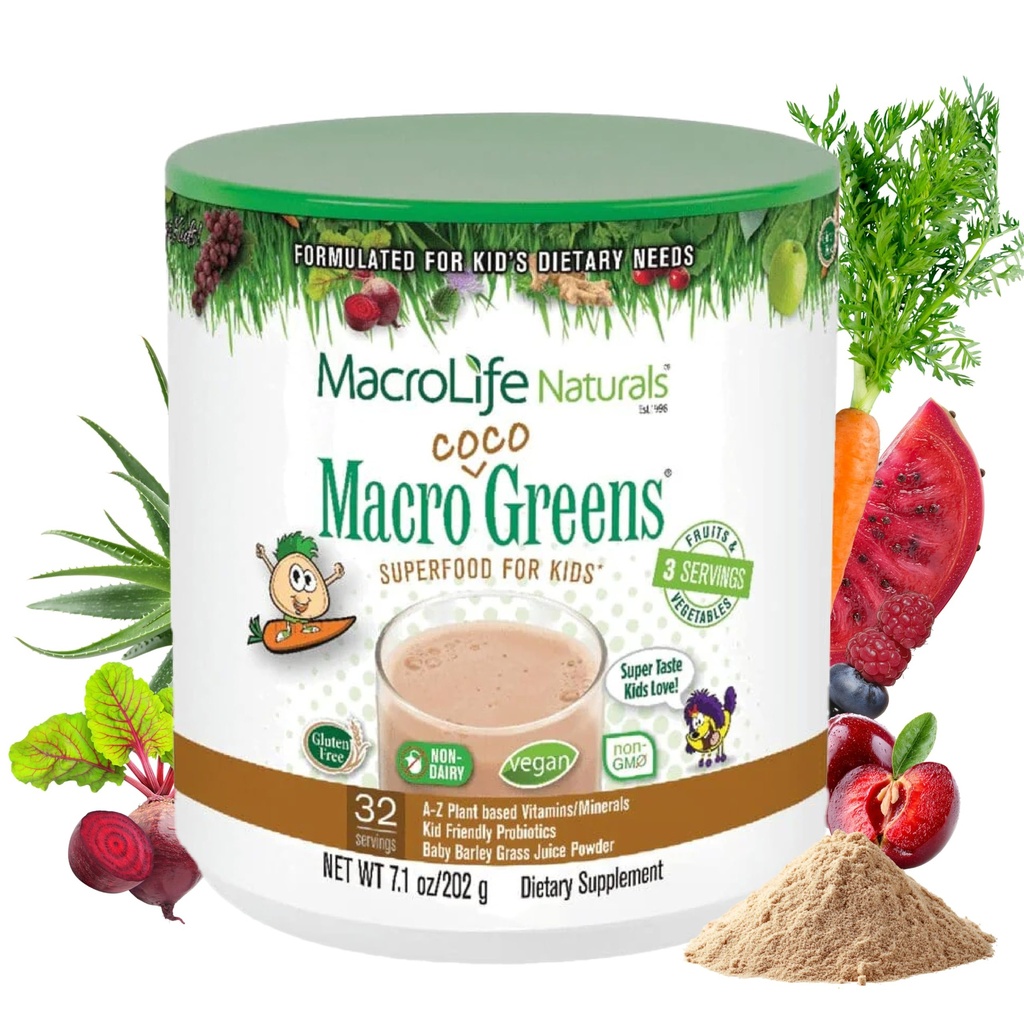 MacroLife Naturals MacroCoco Zielone Czekoladowe Superfood Proszek dla dzieci Surowe warzywa Probiotyki & Enzymy trawienne, Immunitet Energia, Non-GMO, Wegan, Gluten, Dairy Free - 7oz (32 Sługi)