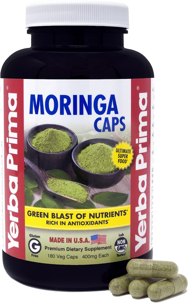 Yerba Prima Moringa, 180 Hrabia Czapki Veg - 400mg Pure, Suchy Liść Proszek, Green Blast of Nutrigents, Bogaty w przeciwutleniacze, 100% Pure, Super Food, Non-GMO, Wegan Friendly, Gluten- Free, USA Made