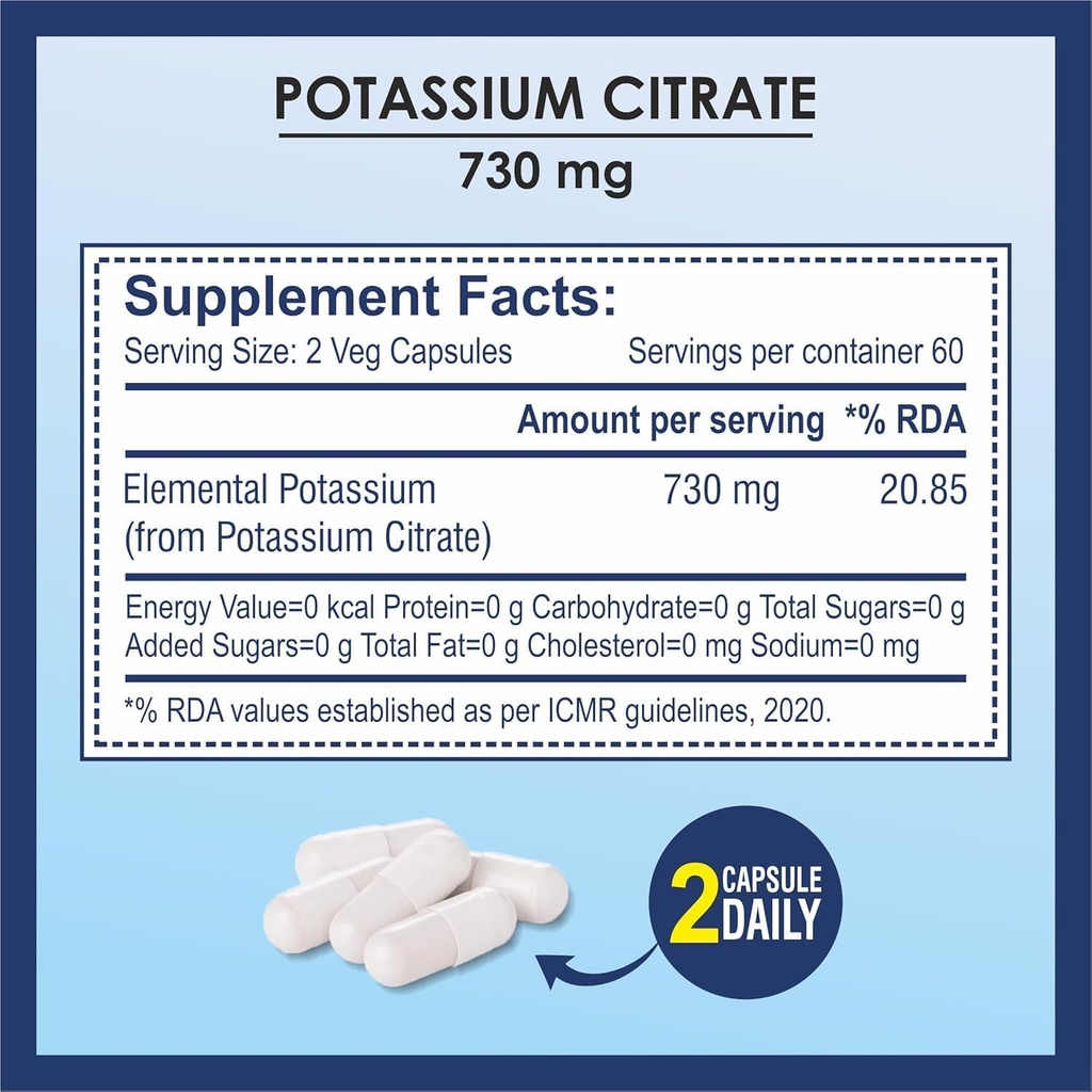 Cytrynian potasu 730mg Suplement, Wspiera funkcje nerek i zdrowe mięśnie - 120 Kapsułki roślinne