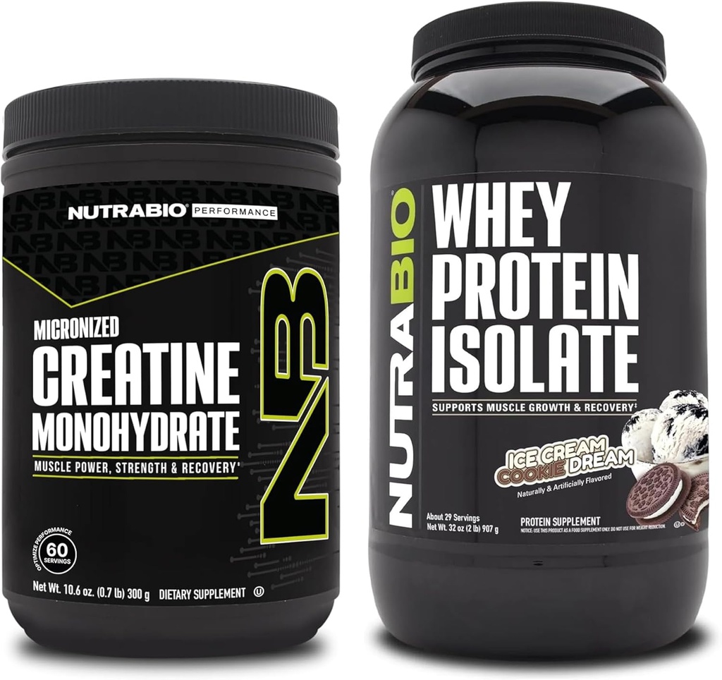 Monowodzian NutraBio Creatine, Izolat nieflaworyczny, 300g i ser białkowy, Dream z lodami Cookie, Suplement Pasek - Energia mięśniowa, Lean Muscle Growth, Odzysk i Siła