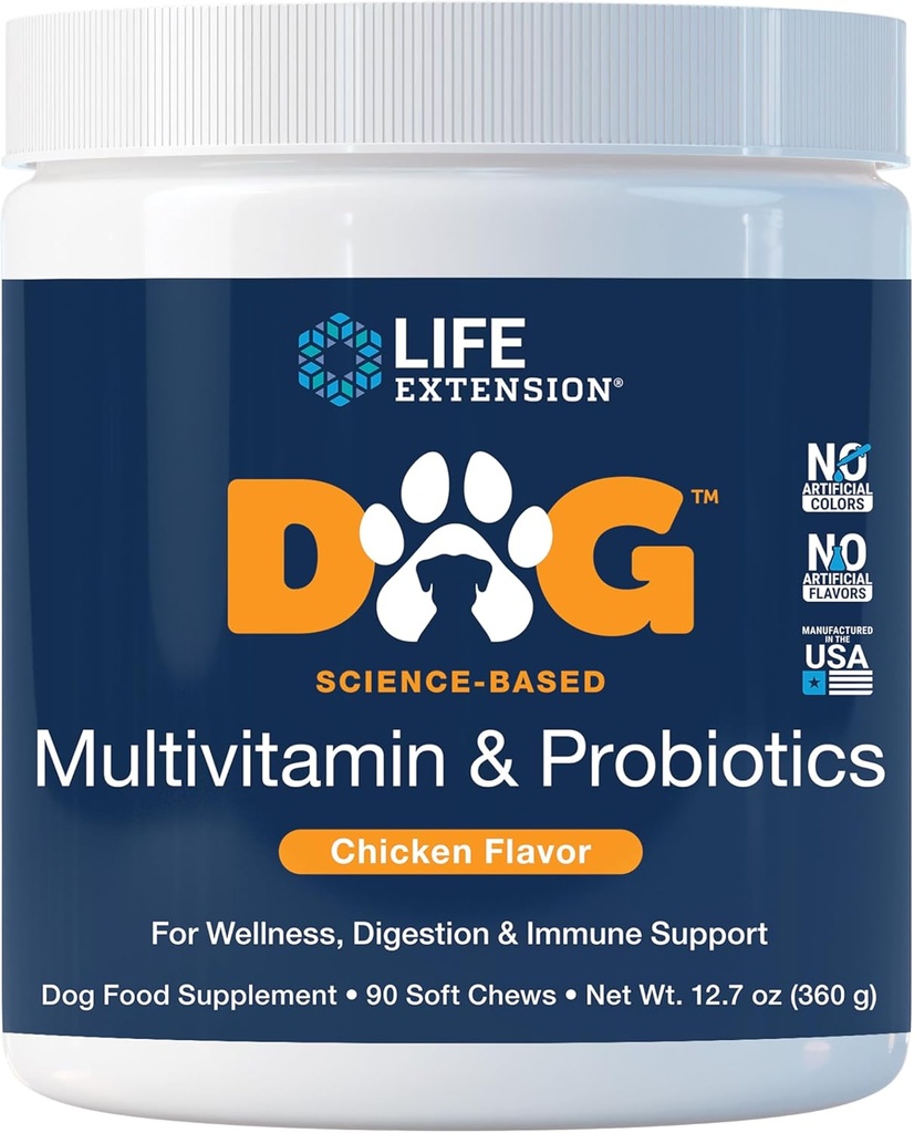 Life Extension Dog Multivitamin & Probiotyki - Dog Food Supplement for Total Health, Trawienie i Wsparcie immunologiczne - Witaminy, Mieszanka Probiotyczna, Colostrum (Bydło) - 90 Soft Chews