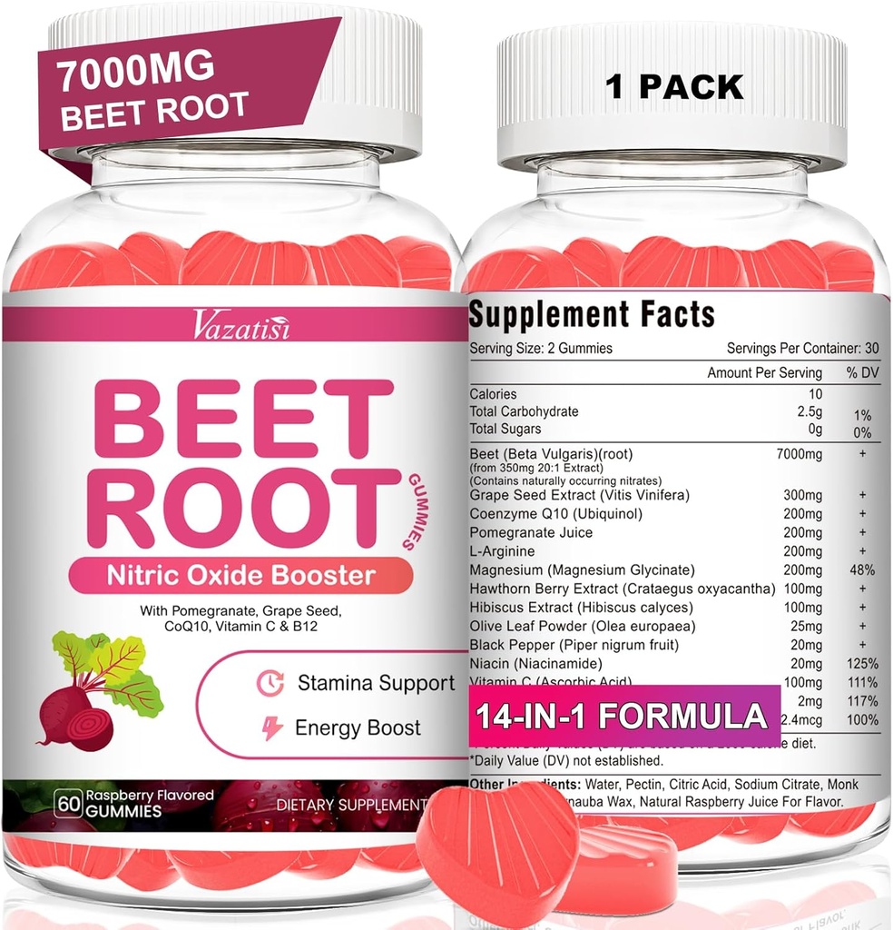 Gumie korzeniowe buraków - Gumie z tlenkiem azotu do wspomagania cyrkulacji, produkcja tlenku azotu - z ziarnem winogronowym, Hawthorn Berry, Hibiscus, Organic, Non-GMO, 60 Gummies
