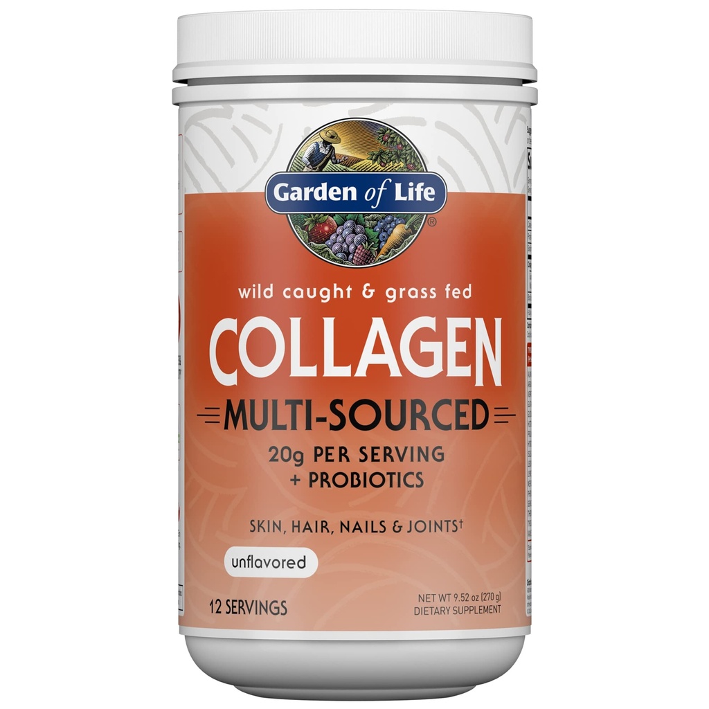 Ogród Życia Marine & Grass- Fed Colagen Peptydes Powder Supplement (Typ I, III) z Probiotyki i BCAA dla mobilności, Joint Health, Włosy, Skóra i paznokcie - Unflavored, 20g na serwis, 12 Służenie