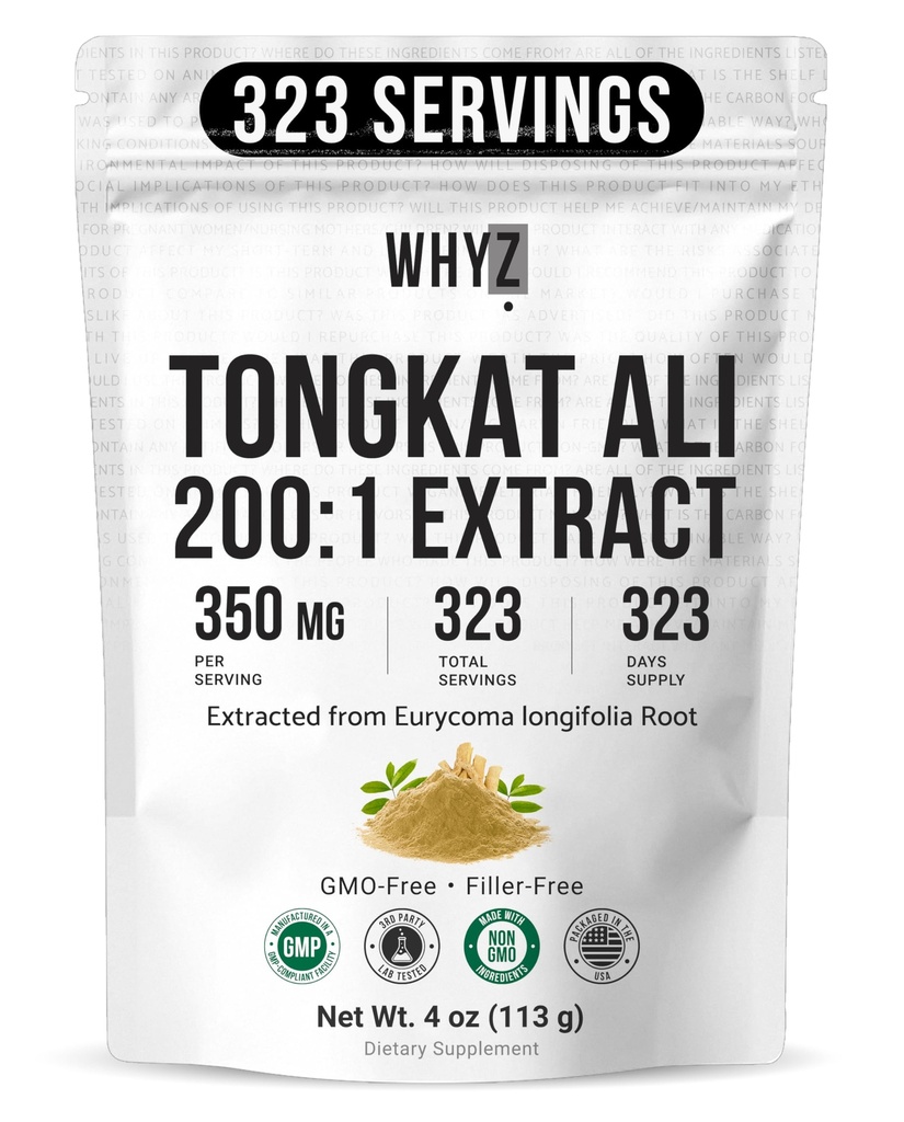 WHYZ Tongkat Ali Proszek 113g, Pure Longjack 200: 1 Wyciąg Eurycoma Longifolia Suplement proszek dla zwiększonej sprawności fizycznej i Well- Being, Longjack Tongkat Ali dla mężczyzn i kobiet, 323 Sługi
