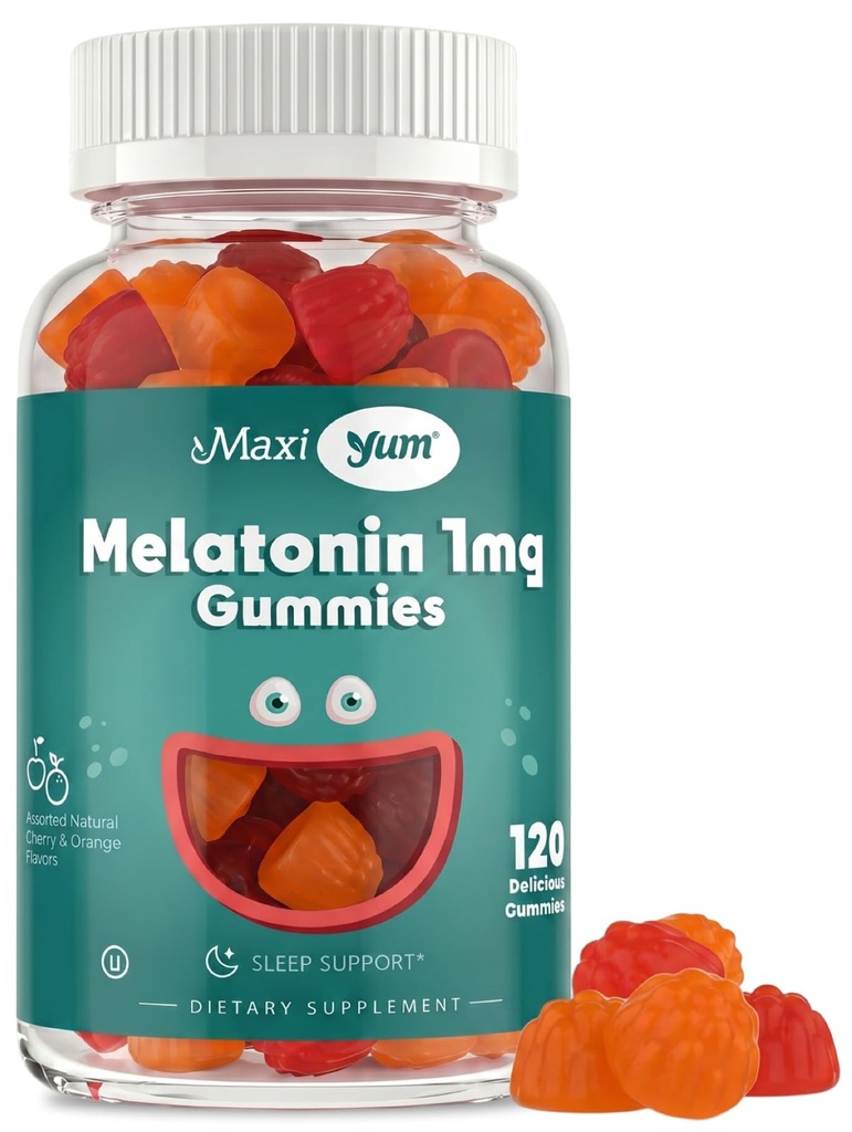 Maxi Health 1mg Melatonina Gumiaki - Dzieci Melatonina Chewables z Natural Cherry & Orange Flavor - Dorośli i dziecko Sen Pomoc Suplement do wsparcia Resteful Nights (120 Count)