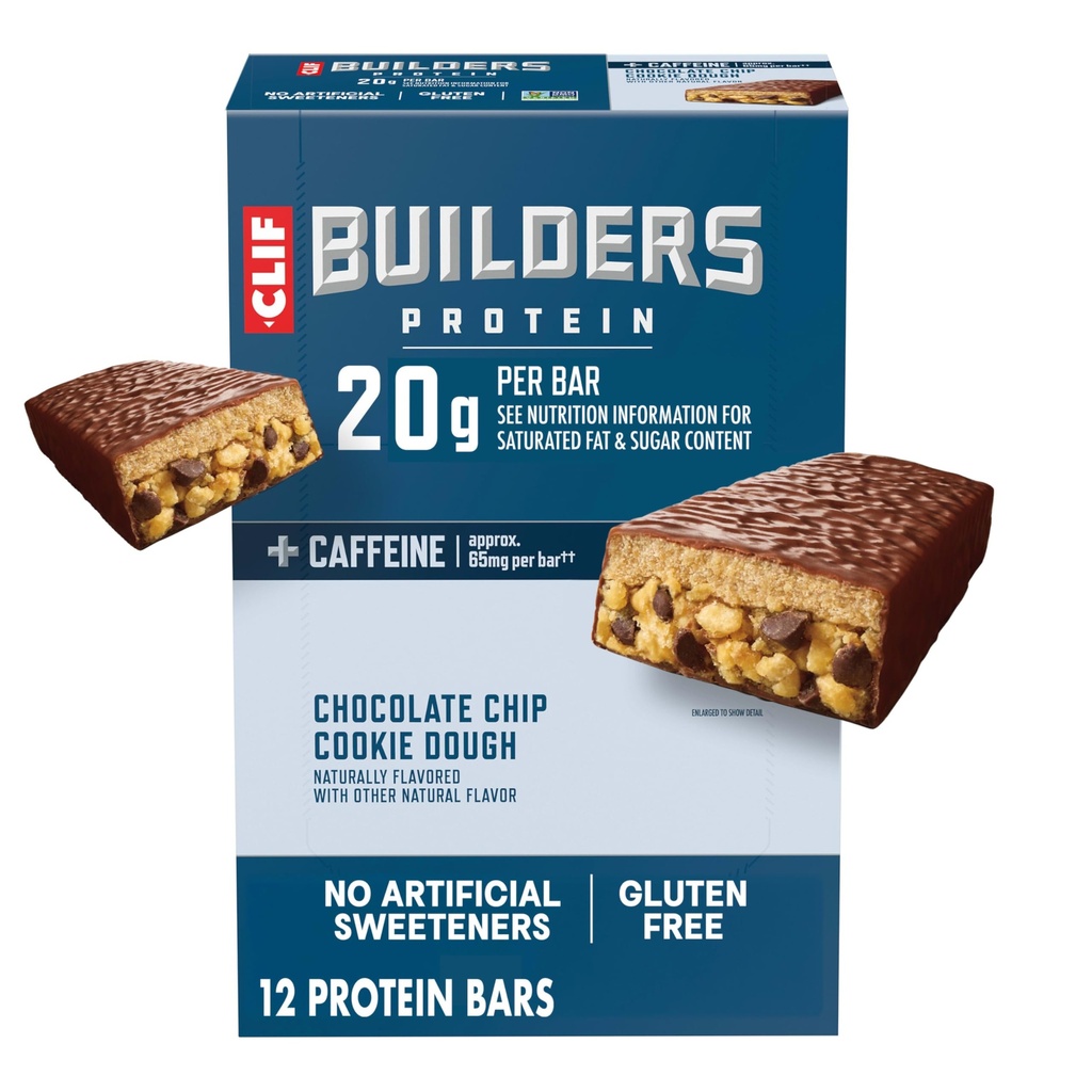 CLIF BUILDERS + Bary z białkami kofeiny - Czekoladowy chip Cookie Dough Flavor - 20 g Białko na bazie roślin - Gluten Free - Non-GMO - Niska glikemia - Brak sztucznych słodzików - 2.4 oz. (12 Pack)