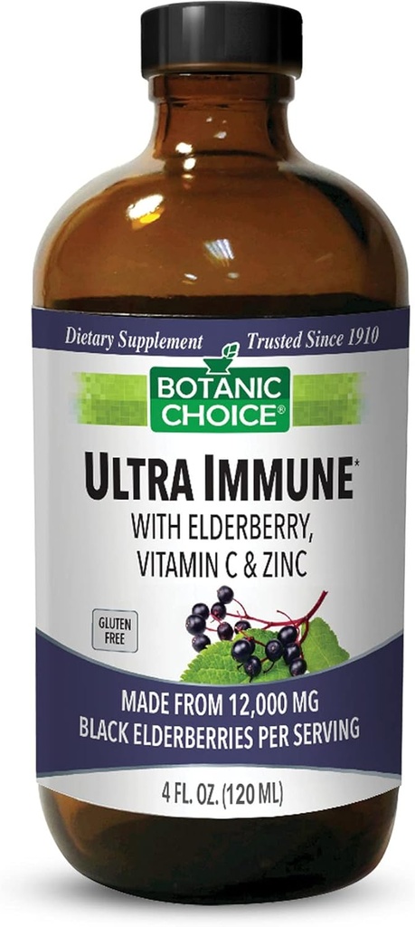 Botaniczny wybór - Ultra immunologiczny, Zawiera Elderberry z cynku i witaminy C, Syrop czarny Elderberry dla dorosłych i dzieci, Witaminy płynne do wsparcia immunologicznego, 4 Oz