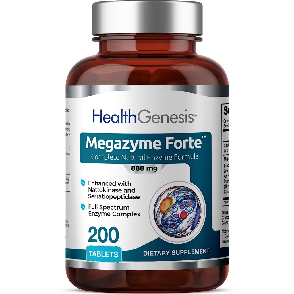 Megazyme Forte 200 Tablets - Natural Plant Proteolitic Enzymes Nattozimes Serrazimes Supports Digestive System Immune Health